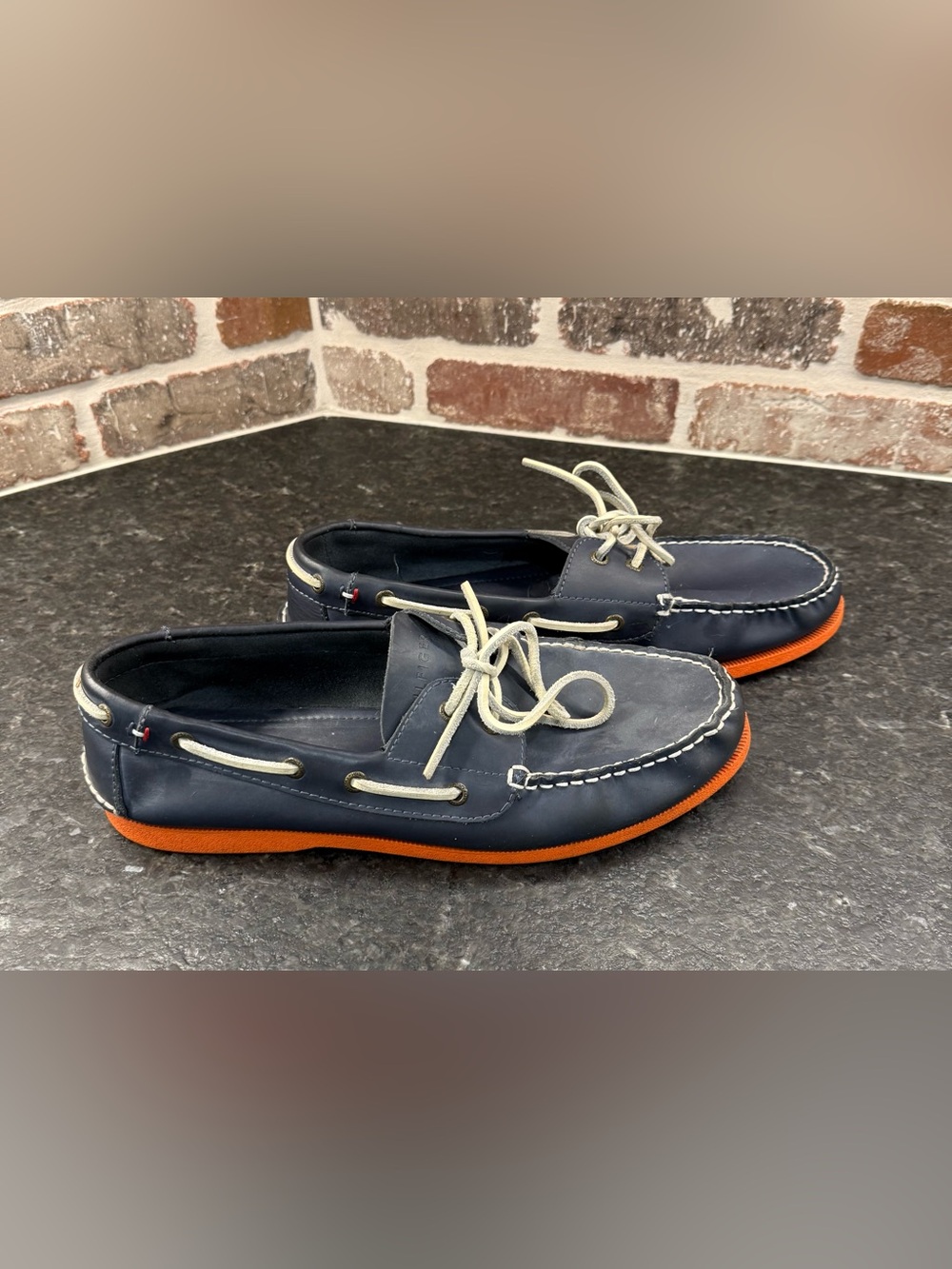 Tommy Hilfiger Navy Leather Boat Shoes with Orange Sole and Cream Laces, Size 11